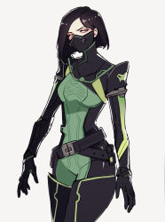 Rule 34 | 1girl, animification, belt, black belt, black gloves, black hair, bodysuit, breasts, commentary, english commentary, gloves, green bodysuit, green eyes, grey background, hair behind ear, highres, hyoon (sockgyu), looking to the side, mask, medium breasts, mouth mask, open hands, short hair, solo, v-shaped eyebrows, valorant, viper (valorant)