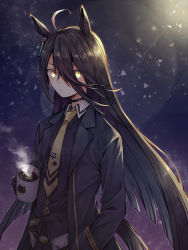 1girl ahoge animal_ears black_choker black_coat black_hair black_shirt choker closed_mouth coat coffee coffee_mug cup earrings hair_between_eyes hand_in_pocket holding holding_cup horse_ears horse_girl horse_tail jewelry long_hair long_sleeves manhattan_cafe_(umamusume) miroku_san-ju mug necktie shirt single_earring solo tail umamusume very_long_hair yellow_eyes yellow_necktie