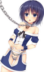 Rule 34 | 1girl, bad id, bad pixiv id, bare shoulders, bdsm, blue eyes, blue hair, blush, bondage, bound, bound arms, breasts, chain, chain leash, chained, chastity belt, cleavage, collar, cowboy shot, crotch cutout, cuffs, dutch angle, highres, hip vent, keyhole, kitou kaitai, leash, lock, matching hair/eyes, open mouth, original, padlock, puffy short sleeves, puffy sleeves, shackles, shirt, short hair, short sleeves, simple background, solo, thighs, viewer holding leash, white background