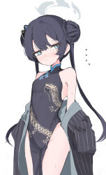 Rule 34 | 1girl, absurdres, bare shoulders, black dress, black hair, black jacket, blue archive, blue eyes, breasts, butterfly hair ornament, china dress, chinese clothes, commentary request, double bun, dragon print, dress, hair bun, hair ornament, highres, jacket, kisaki (blue archive), long hair, nyashiro (sgylk), pelvic curtain, print dress, simple background, small breasts, solo, striped clothes, striped jacket, twintails, vertical-striped clothes, vertical-striped jacket, white background