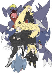 Rule 34 | 1girl, age progression, aged down, black dress, black footwear, boots, breasts, commentary request, creatures (company), cynthia (pokemon), dress, evolution, from side, full body, gabite, game freak, garchomp, gen 4 pokemon, gible, hand on own hip, highres, large breasts, long hair, long sleeves, looking at viewer, nintendo, open mouth, pokemon, pokemon (creature), pokemon dppt, sharp teeth, shoes, short hair, sideways glance, simple background, sketch, sneakers, teeth, white background, white footwear, xia (ryugo), yellow eyes