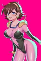 Rule 34 | 1girl, abe hikaru, armor, black leotard, blush, bodysuit, breasts, brown hair, collarbone, commentary request, covered navel, earrings, g gundam, gundam, hair ornament, hairband, highleg, highleg leotard, highres, hikaru (gevp7588), impossible bodysuit, impossible clothes, jewelry, leotard, lips, long sleeves, looking at viewer, medium breasts, mobile trace suit, open mouth, pink background, pink bodysuit, rain mikamura, shiny clothes, short hair, shoulder armor, shoulder pads, simple background, skin tight, solo