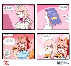 Rule 34 | &gt;:(, 2girls, 4koma, :&lt;, animal ear fluff, animal ears, animal hands, bell, blush, breasts, cat paws, cellphone, choker, cleavage, closed eyes, closed mouth, collar, comic, earrings, english text, fate/grand order, fate (series), fox ears, fox girl, fox tail, garrison cap, glasses, gloves, grey-framed eyewear, hair ribbon, hat, highres, jacket, jewelry, jingle bell, keita naruzawa, koyanskaya (fate), koyanskaya (foreigner) (first ascension) (fate), large breasts, long hair, multiple girls, neck bell, open mouth, paw gloves, phone, pink hair, pink scarf, ponytail, red ribbon, ribbon, ribbon choker, scarf, sleeve cuffs, smartphone, speech bubble, square 4koma, tail, tamamo (fate), tamamo cat (fate), v-shaped eyebrows, very long hair, white-framed eyewear, white gloves, white jacket, yellow eyes
