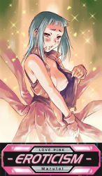 Rule 34 | 00s, blue hair, blush, breasts, fingerless gloves, gloves, large breasts, maruto!, miyu greer, my-hime, nipples, no bra, open clothes, open shirt, pink eyes, red eyes, shirt, short hair, solo, undressing