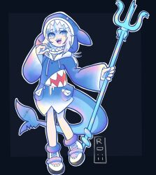 Rule 34 | 1girl, :d, animal hood, black background, blue eyes, blue hair, blue hoodie, commentary, drawstring, fins, fish tail, full body, gawr gura, grey background, grey hair, highres, holding, holding polearm, holding weapon, hololive, hololive english, hood, hood up, hoodie, long sleeves, multicolored hair, open mouth, polearm, roiirose, shark hood, shark tail, sharp teeth, shoes, smile, solo, standing, standing on one leg, streaked hair, tail, teeth, trident, two-tone background, virtual youtuber, weapon, white footwear, wide sleeves