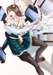 Rule 34 | 10s, 1girl, bad id, bad pixiv id, bare shoulders, boots, brown hair, detached sleeves, hairband, hiei (kancolle), highres, japanese clothes, kaili, kantai collection, multiple girls, nontraditional miko, pantyhose, personification, pleated skirt, ribbon-trimmed sleeves, ribbon trim, skirt, solo, thigh boots, thighhighs, wide sleeves