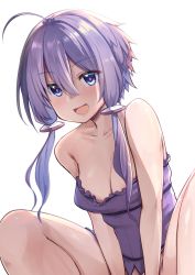 Rule 34 | 1girl, :d, ahoge, blue eyes, breasts, chipa (arutana), cleavage, collarbone, hair between eyes, highres, long hair, looking at viewer, low twintails, medium breasts, off shoulder, open mouth, purple hair, simple background, sitting, smile, solo, strapless, tube top, twintails, voiceroid, white background, yuzuki yukari