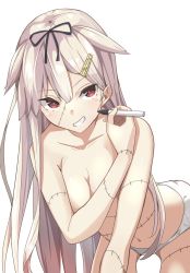 Rule 34 | 1girl, bare shoulders, black ribbon, blonde hair, breasts, cleavage, collarbone, hair flaps, hair ornament, hair ribbon, hairclip, highres, holding, holding pen, kantai collection, looking at viewer, marker, medium breasts, navel, negahami, panties, pen, red eyes, ribbon, simple background, solo, straight hair, topless, underwear, underwear only, white background, white panties, yuudachi (kancolle), yuudachi kai ni (kancolle)