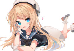 Rule 34 | 1girl, absurdres, beret, black footwear, blonde hair, blue eyes, blue sailor collar, fathom, gloves, hat, heart, highres, jervis (kancolle), kantai collection, long hair, looking at viewer, lying, on stomach, open mouth, sailor collar, school uniform, shoes, short sleeves, simple background, smile, socks, solo, white background, white gloves, white hat