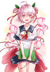 Rule 34 | 1girl, alternate costume, black skirt, blush, book, breasts, cyclamen (flower knight girl), flower, flower knight girl, hair ornament, impossible clothes, kusumoto miya, looking at viewer, medium breasts, name connection, object namesake, pink eyes, pink hair, red ribbon, ribbon, short hair, skirt, smile, solo, standing