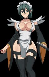 Rule 34 | 1girl, absurdres, artist request, breasts, butterfly swords, cleavage, dual wielding, feet out of frame, fingernails, green eyes, green hair, highres, holding, holding weapon, iroha (samurai spirits), large breasts, leotard, leotard under clothes, looking down, maid, maid headdress, open mouth, revealing clothes, samurai spirits, shiny skin, snk, solo, standing, thighhighs, weapon, wide hips