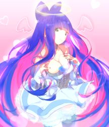 Rule 34 | 10s, 1girl, aguri (aguri0406-aoi), bare shoulders, blue hair, bow, breasts, cleavage, collarbone, colored inner hair, detached sleeves, green eyes, hair bow, halo, heart, looking at viewer, multicolored hair, panty &amp; stocking with garterbelt, pink hair, smile, solo, stocking (psg), striped clothes, striped thighhighs, thighhighs, two-tone hair, wings