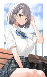 Rule 34 | 1girl, absurdres, bag, bench, between legs, blue bow, blush, bow, bowtie, braid, braided bangs, breasts, cloud, cloudy sky, collared shirt, day, green eyes, grey hair, grey skirt, hair ornament, hand between legs, hand in own hair, highres, hololive, large breasts, looking at viewer, official alternate costume, outdoors, parted lips, plaid, plaid skirt, pleated skirt, school bag, school uniform, shirogane noel, shirogane noel (school uniform), shirt, short hair, short sleeves, single braid, sitting, skirt, sky, smile, solo, striped, striped bow, toui penko, virtual youtuber, white shirt, x hair ornament