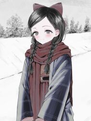 Rule 34 | 1girl, black hair, blush, bow, braid, character request, coat, commentary request, grey eyes, hair bow, highres, hira hira hihiru, long hair, looking at viewer, outdoors, scarf, smile, snow, solo, twin braids, upper body, winter, yuyuyuyhz
