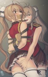 Rule 34 | 2girls, absurdres, amagi brilliant park, arms behind back, ass, ass grab, bare shoulders, bdsm, blonde hair, blush, bondage, bound, bound arms, box tie, cad (caddo), clone, commission, doppelganger, female focus, gag, gagged, hair ribbon, highres, improvised gag, kaddo, long hair, multiple girls, ponytail, ribbon, rope, second-party source, selfcest, sento isuzu, shibari, shibari over clothes, signature, skirt, tape, tape gag, taped hands, thighhighs, thighs