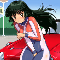 Rule 34 | 1girl, blush, bodypaint, breasts, car, covering privates, covering crotch, false clothes, green hair, haruyama kazunori, long hair, looking at viewer, lowres, motor vehicle, naked paint, nude, nude cover, ono reiko, outdoors, painted clothes, small breasts, solo, toyota, toyota sports 800, vehicle, yoroshiku mechadock