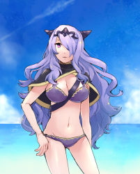 Rule 34 | 1girl, adapted costume, beach, bikini, breasts, camilla (fire emblem), cleavage, curly hair, female focus, fire emblem, fire emblem fates, gradient background, large breasts, long hair, looking at viewer, navel, nintendo, open mouth, purple hair, solo, standing, swimsuit, tiara