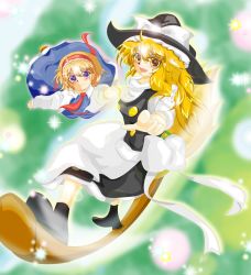 Rule 34 | 2girls, alice margatroid, apron, ascot, bad id, bad pixiv id, blonde hair, blue eyes, blush, braid, broom, broom riding, capelet, chi-chi (pixiv984250), couple, flying, hairband, holding hands, hat, kirisame marisa, long hair, multiple girls, open mouth, short hair, side braid, smile, touhou, waist apron, witch hat, yellow eyes, yuri