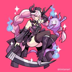 Rule 34 | 1girl, absurdres, ass, black dress, black footwear, black horns, black thighhighs, blue fire, boots, bow, braid, breasts, cleavage, commentary, crown, detached sleeves, dress, dual persona, english commentary, fingerless gloves, fire, floating, ghost, gloves, hair bow, hair ornament, high heel boots, high heels, highres, holding, holding scythe, horns, large breasts, long hair, looking at viewer, master detective archives: rain code, multicolored hair, pink background, pink eyes, pink hair, scythe, shinigami (ghost) (rain code), shinigami (rain code), smile, sparkle, swept bangs, thighhighs, timtam, tongue, tongue out, twin braids, twitter username, two-tone hair, very long hair, white hair