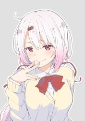 Rule 34 | 1girl, blush, bow, bowtie, buttons, cardigan, closed mouth, collared shirt, fang, finger to mouth, grey background, hair ornament, hair ribbon, hairclip, hand up, highres, long hair, long sleeves, looking at viewer, low-tied long hair, nijisanji, red bow, red bowtie, red eyes, red ribbon, ribbon, school uniform, shiina yuika, shiina yuika (1st costume), shirt, sidelocks, simple background, sleeves past wrists, smile, smirk, solo, undershirt, upper body, virtual youtuber, white hair, white shirt, yellow cardigan, yuuri nayuta