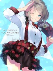Rule 34 | 1girl, ;d, blue eyes, bow, bowtie, frills, grey hair, hat, highres, kate iwana, looking at viewer, love live!, love live! school idol festival, love live! sunshine!!, miniskirt, one eye closed, open mouth, peaked cap, salute, shirt, short hair, skirt, smile, solo, suspender skirt, suspenders, uniform, watanabe you