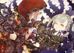 Rule 34 | 2girls, :d, :o, bare shoulders, beige background, blonde hair, braid, briar rose (sinoalice), green eyes, highres, holding, holding another&#039;s arm, holding weapon, long sleeves, mace, multiple girls, nightgown, one eye closed, open mouth, plant, red hood, red riding hood (sinoalice), short hair, sibu, simple background, sinoalice, sleeping, sleeping with eyes open, smile, vines, weapon, yellow eyes
