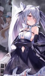 Rule 34 | 3girls, acchii (akina), azur lane, bare shoulders, between breasts, blue dress, blush, breasts, closed mouth, clothing cutout, commentary request, dress, elbow gloves, gloves, hair over one eye, highres, kiev (azur lane), kiev (backstreet silver sonata) (azur lane), long hair, looking at viewer, multiple girls, navel cutout, necktie, necktie between breasts, official alternate costume, petticoat, red eyes, silver hair, small breasts, soobrazitelny (azur lane), standing, twintails, very long hair, volga (azur lane), white necktie