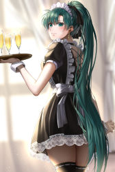 Rule 34 | 1girl, alcohol, alternate costume, back cutout, black dress, black ribbon, black thighhighs, blurry, blurry background, blush, bow, champagne, champagne flute, closed mouth, clothing cutout, cup, curtains, delsaber, dress, drinking glass, earrings, enmaided, female focus, fire emblem, fire emblem: the blazing blade, frilled dress, frills, from behind, green eyes, green hair, hair ribbon, high ponytail, highres, holding, holding tray, jewelry, long hair, looking at viewer, looking back, lyn (fire emblem), maid, maid headdress, matching hair/eyes, nintendo, ponytail, ribbon, short sleeves, simple background, solo, sparkle, thighhighs, thighs, tray, very long hair, waist bow, wavy mouth, wrist cuffs, zettai ryouiki