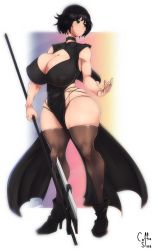 Rule 34 | 1girl, black dress, black hair, blush, boots, breasts, choker, cleavage, cleavage cutout, closed mouth, clothing cutout, coffeeslice, curvy, dress, full body, green eyes, highres, huge breasts, original, short hair, skindentation, sleeveless, solo, standing, thick thighs, thighhighs, thighs, weapon, wide hips