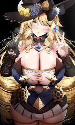 Rule 34 | 1girl, alternate breast size, artist name, astraea (atelierastraea), black gloves, blonde hair, blue eyes, blush, breasts, cleavage, commentary, double v, dress, drill hair, english commentary, flower, genshin impact, glaze artifacts, gloves, hair flower, hair ornament, head tilt, highres, huge breasts, long hair, looking at viewer, navia (genshin impact), parted lips, sidelocks, signature, single glove, solo, strapless, strapless dress, suggestive fluid, thick thighs, thighs, torn clothes, torn dress, twin drills, undersized clothes, v, very long hair
