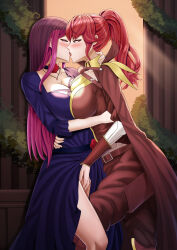 Rule 34 | 2girls, absurdres, against wall, alternate costume, anna (fire emblem), arm around neck, arm around waist, asymmetrical docking, belt, blush, breast press, breasts, cape, choker, cleavage, clothes lift, collarbone, dress, dress lift, female focus, fingering, fire emblem, fire emblem awakening, fire emblem engage, french kiss, half-closed eyes, highres, hug, in-franchise crossover, indoors, ivy (fire emblem), jewelry, kiss, large breasts, lifting another&#039;s clothes, long hair, looking at another, multiple girls, necklace, nintendo, official alternate costume, pants, pillar, pink eyes, pink hair, ponytail, purple hair, red eyes, red hair, saikunartworks, see-through, standing, thighs, tongue, tongue out, vaginal, veil, very long hair, yuri