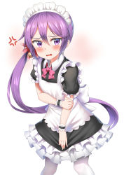 Rule 34 | 1girl, absurdres, akebono (kancolle), alternate costume, apron, bell, black dress, blush, bow, bowtie, commentary request, dress, enmaided, fingernails, flower, hair bell, hair between eyes, hair flower, hair ornament, highres, jingle bell, kantai collection, long hair, looking at viewer, maid, maid apron, maid headdress, nedia (nedia region), open mouth, pantyhose, pink bow, pink bowtie, puffy short sleeves, puffy sleeves, purple eyes, purple hair, short sleeves, side ponytail, simple background, solo, v-shaped eyebrows, very long hair, wavy mouth, white apron, white background, white pantyhose, wrist cuffs