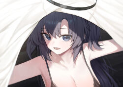 Rule 34 | 1girl, bare shoulders, black bra, black halo, blue archive, blue eyes, blue hair, blush, bra, breasts, cleavage, gnns, halo, highres, large breasts, long hair, looking at viewer, open mouth, smile, solo, two side up, under covers, underwear, upper body, yuuka (blue archive)