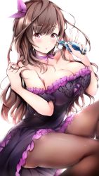 Rule 34 | 1girl, absurdres, artist request, bad id, bad pixiv id, black dress, blush, bottle, bow, breasts, brown hair, choker, cleavage, dress, frills, hair bow, hand gesture, highres, idolmaster, idolmaster shiny colors, large breasts, long hair, looking at viewer, neofreet, pantyhose, parted lips, pink eyes, purple bow, simple background, solo, swept bangs, thighs, tsukioka kogane, v, white background