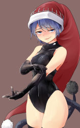Rule 34 | 1girl, black gloves, black one-piece swimsuit, blue eyes, blue hair, brown background, competition swimsuit, cowboy shot, doremy sweet, elbow gloves, gloves, hat, highres, nama shirasu, nightcap, one-piece swimsuit, pom pom (clothes), short hair, simple background, smug, solo, standing, suggestive fluid, swimsuit, touhou, turtleneck, wet, wet clothes, wet swimsuit