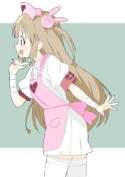 Rule 34 | 1girl, absurdres, apron, bad id, bad twitter id, bandages, blush, collared shirt, donguri suzume, fang, from side, hair ornament, hat, heart, highres, light brown hair, long hair, nail polish, natori sana, nurse cap, open mouth, pink apron, pink hat, puffy short sleeves, puffy sleeves, rabbit hair ornament, red eyes, red nails, sana channel, shirt, short sleeves, smile, solo, standing, thighhighs, two side up, very long hair, virtual youtuber, white thighhighs, zettai ryouiki