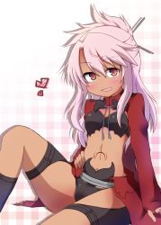 Rule 34 | 1girl, :d, blush, breasts, chloe von einzbern, dark skin, dark-skinned female, fate/kaleid liner prisma illya, fate (series), hair ornament, hair stick, hand on own hip, heart, highres, long hair, looking at viewer, navel, open mouth, pink hair, red eyes, small breasts, smile, solo, stomach, stomach tattoo, tattoo, yuuhi alpha