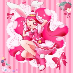Rule 34 | 1girl, ;q, animal ears, boots, brooch, rabbit, cake, cake hair ornament, cure whip, double v, dress, earrings, extra ears, food, food-themed hair ornament, food-themed ornament, food themed hair ornament, forehead, fruit, full body, hair ornament, highres, jewelry, kirakira precure a la mode, long hair, magical girl, one eye closed, pink background, pink dress, pink eyes, pink footwear, pink hair, pink ribbon, pom pom (clothes), pom pom earrings, precure, ribbon, short sleeves, skirt, solo, strawberry, strawberry shortcake, strawberrylove2525, striped, striped background, tongue, tongue out, twintails, usami ichika, v, very long hair, whip, whipped cream