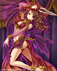 Rule 34 | 10s, 1girl, 2014, bare shoulders, blade, breasts, brown hair, cleavage, dagger, dancer, head tilt, high heels, holding, holding weapon, jamadhar, jewelry, knife, bridal garter, light smile, long hair, looking at viewer, lost crusade, midriff, official art, original, purple eyes, ring, see-through, shawl, smile, solo, tamashiro, wavy hair, weapon