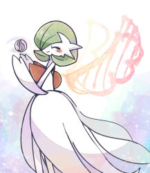 Rule 34 | 1girl, ^ ^, absurdres, blush, blush stickers, bob cut, closed eyes, closed mouth, colored skin, creatures (company), drawn wings, dress, elbow gloves, female focus, flat chest, from side, game freak, gardevoir, gen 3 pokemon, gloves, green hair, hair over one eye, hands up, happy, highres, long dress, mega gardevoir, mega pokemon, mega stone, nintendo, one eye covered, orange wings, pokemon, pokemon (creature), short hair, smile, solo, standing, suzu (pixiv 32232702), white background, white dress, white gloves, white skin