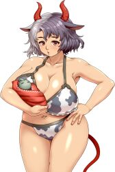 Rule 34 | 1girl, animal ears, animal print, bikini, black hair, breasts, cleavage, commentary request, cow ears, cow girl, cow horns, cow print, cow tail, d.koutya, hand on own hip, highres, horns, huge breasts, looking at viewer, multicolored hair, parted lips, red eyes, red horns, red nails, short hair, solo, split-color hair, statue, swimsuit, tail, touhou, two-tone hair, ushizaki urumi, white background, white hair