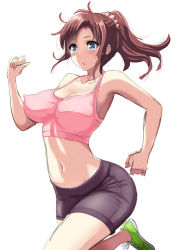 Rule 34 | 1girl, armpits, bad id, bad pixiv id, blue eyes, blush, breasts, brown hair, cleavage, collarbone, covered erect nipples, cowboy shot, gym shorts, hair ornament, hair scrunchie, impossible clothes, large breasts, long hair, navel, original, parted lips, piston ring, ponytail, running, scrunchie, shoes, shorts, sidelocks, sneakers, solo, stomach, sweat, tank top
