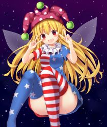 Rule 34 | 1girl, :d, absurdres, akakabu (obsidian910), alternate legwear, american flag dress, american flag legwear, blonde hair, blush, breasts, clownpiece, convenient leg, double v, dress, fairy wings, hat, highres, jester cap, long hair, looking at viewer, medium breasts, neck ruff, open mouth, polka dot, red eyes, short dress, short sleeves, smile, solo, star (symbol), star print, striped clothes, striped thighhighs, suigetsu (watermoon-910), thighhighs, touhou, v, wings