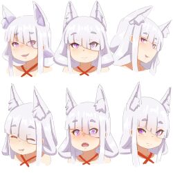 Rule 34 | 1girl, animal ear fluff, animal ears, blush, closed eyes, closed mouth, collarbone, criss-cross halter, diagonal bangs, drooling, expressions, eyes visible through hair, fang, fox ears, grey hair, hair over one eye, halterneck, highres, koyuki (kuro kosyou), kuro kosyou, long hair, mouth drool, nose blush, open mouth, original, purple eyes, short eyebrows, simple background, smile, thick eyebrows, white background