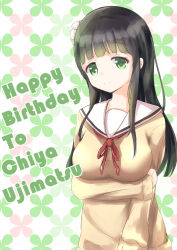 Rule 34 | 1girl, beige blouse, black hair, blouse, blunt bangs, breasts, character name, closed mouth, commentary request, english text, floral background, flower, gochuumon wa usagi desu ka?, green eyes, hair flower, hair ornament, happy birthday, highres, hoto cocoa&#039;s school uniform, large breasts, long hair, long sleeves, looking at viewer, neck ribbon, red ribbon, ribbon, sailor collar, school uniform, serafuku, shirt, sisochair, smile, solo, ujimatsu chiya, upper body, white flower, white sailor collar