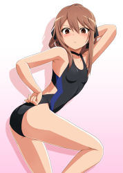 Rule 34 | 10s, 1girl, arm up, armpits, blush, brown eyes, brown hair, flat chest, hand on own hip, long hair, long legs, looking at viewer, one-piece swimsuit, arm up, ookami-san, ookami ryouko, shadow, shirosame, solo, swimsuit