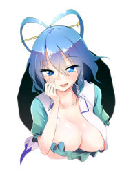 Rule 34 | 1girl, areola slip, blue eyes, blue hair, blush, breasts, chipa (arutana), cleavage, hair ornament, hair rings, hair stick, kaku seiga, large breasts, looking at viewer, matching hair/eyes, nipples, no bra, open mouth, short hair, simple background, smile, solo, through wall, touhou, vest