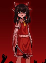 Rule 34 | 1girl, armpits, ascot, blood, blood on clothes, blood on face, bloody weapon, bow, brown hair, chest sarashi, collar, commentary request, detached sleeves, flail, formicid, hair bow, hair tubes, hakurei reimu, implied murder, japanese clothes, licking lips, mace, medium hair, miko, navel, nontraditional miko, ontuge, red background, red bow, red eyes, red skirt, ribbon-trimmed sleeves, ribbon trim, sarashi, sidelocks, skirt, sleeveless, solo, spiked mace, spikes, standing, tongue, tongue out, touhou, weapon, white collar, wide sleeves