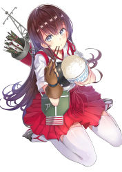 Rule 34 | 10s, 1girl, akagi (kancolle), arrow (projectile), blue eyes, bowl, brown hair, chopsticks, hakama, hakama skirt, highres, hunxiao xingshuang, japanese clothes, kantai collection, long hair, md5 mismatch, muneate, quiver, resolution mismatch, rice bowl, skirt, smile, solo, source smaller