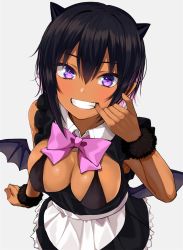 Rule 34 | 1girl, :d, apron, black dress, black hair, black wings, blush, bow, bowtie, breasts, cleavage, dark-skinned female, dark skin, demon girl, demon horns, demon wings, dress, finger in own mouth, from above, gomashi (goma), grey background, grin, hair between eyes, horns, large breasts, looking at viewer, looking up, maid, open clothes, open dress, open mouth, original, pink bow, pink bowtie, purple eyes, short hair, simple background, smile, solo, teeth, waist apron, white apron, wings